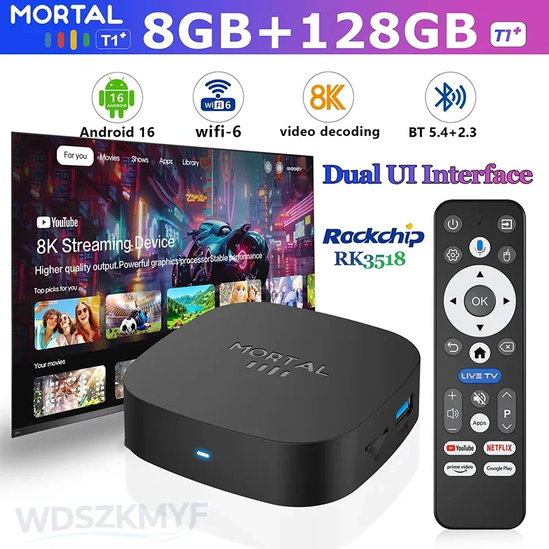 Boîtier Android 16 Smart TV 8 Go + 128 Go, Lecteur multimédia 4K/8K UHD avec WiFi 6, Bluetooth 5.2 et Google Assistant intégré