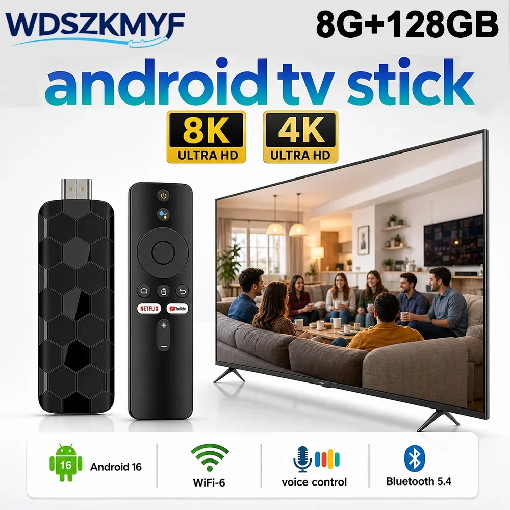 Clé HDMI 4K 8K UHD R3+ Android 16 avec 8 Go + 128 Go, WiFi 6 et Google Assistant intégré