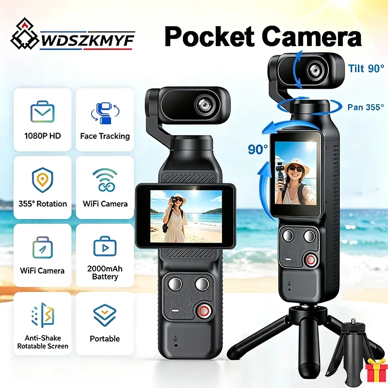 Caméra d'action 1080P avec écran tactile, stabilisateur gimbal 355° et suivi du visage WiFi pour vlogage sportif