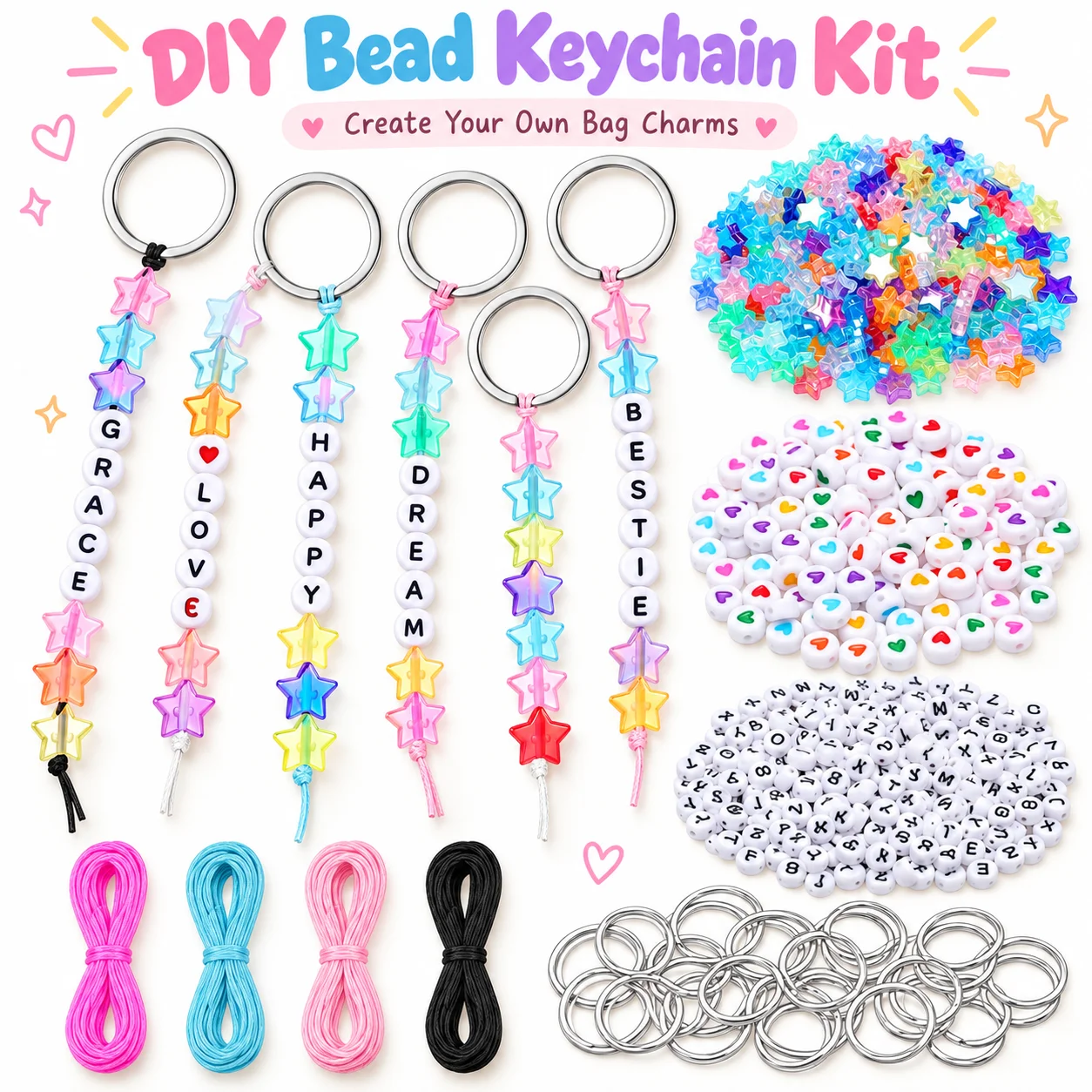 Trousse DIY Porte-clés en forme de cœur avec perles et pendentif ajustable