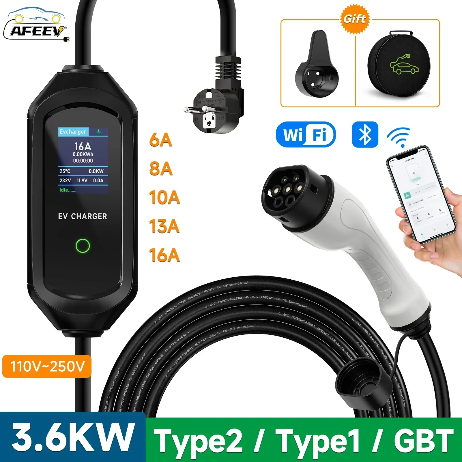 Chargeur EV portable AFEEV 3.6 kW 16 A Type 2 IEC62196-2 avec contrôle WiFi