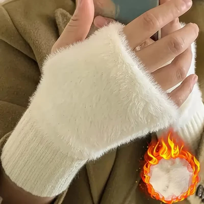 Gants mi-doigts chauds pour femme automne-hiver, tricot élégant avec fourrure synthétique