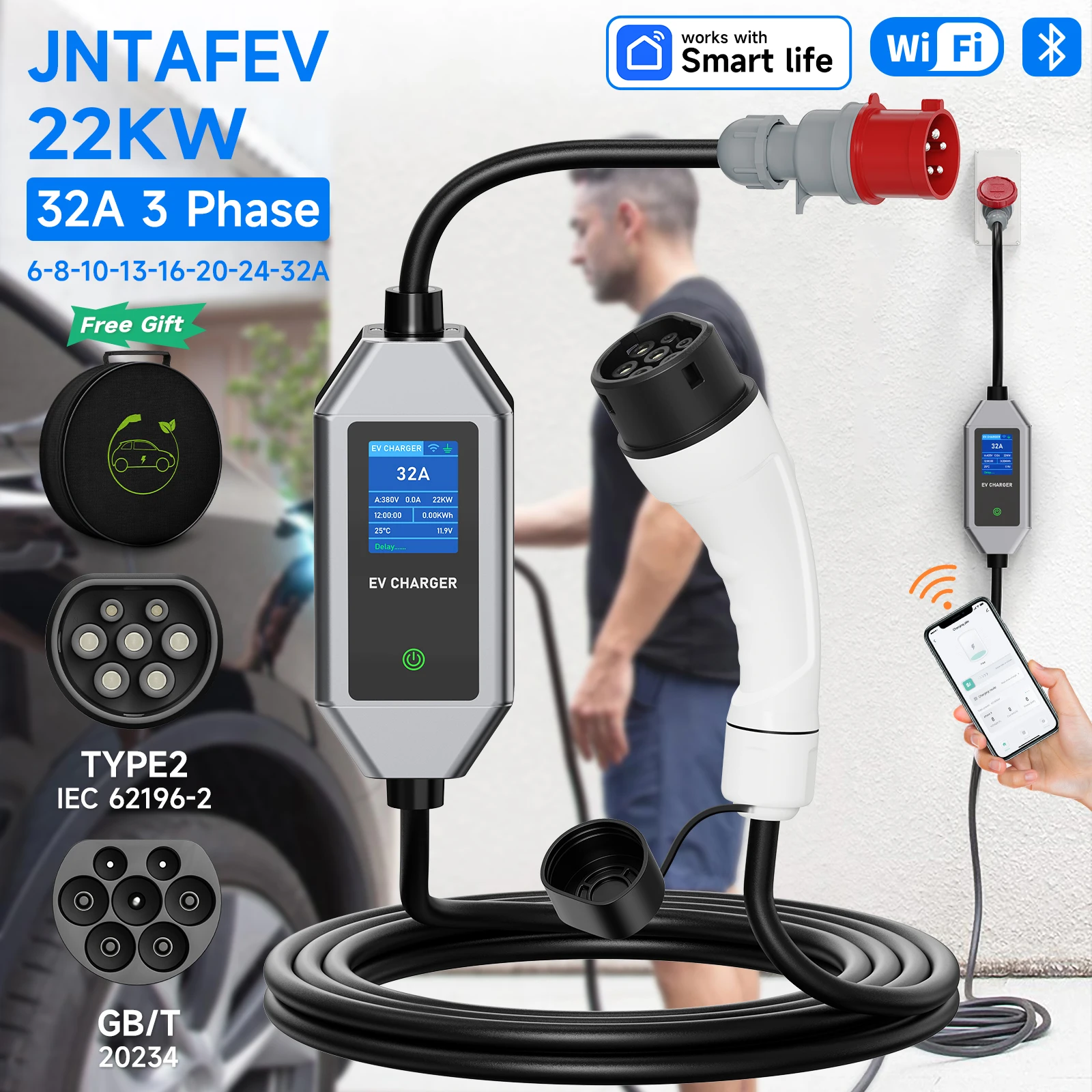Chargeur VE portable JNTAFEV 22KW 32A triphasé Type 2 avec contrôle Wi-Fi et APP