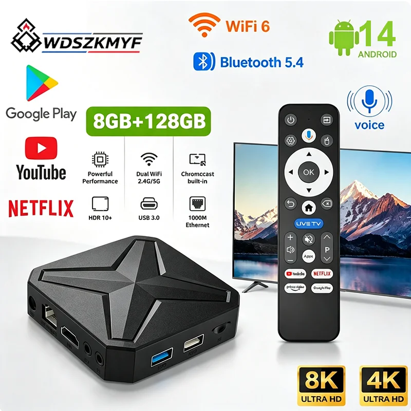 Boîtier TV Android 14 8K/4K UHD avec WiFi 6 et Bluetooth 5.4 – Assistant Google intégré