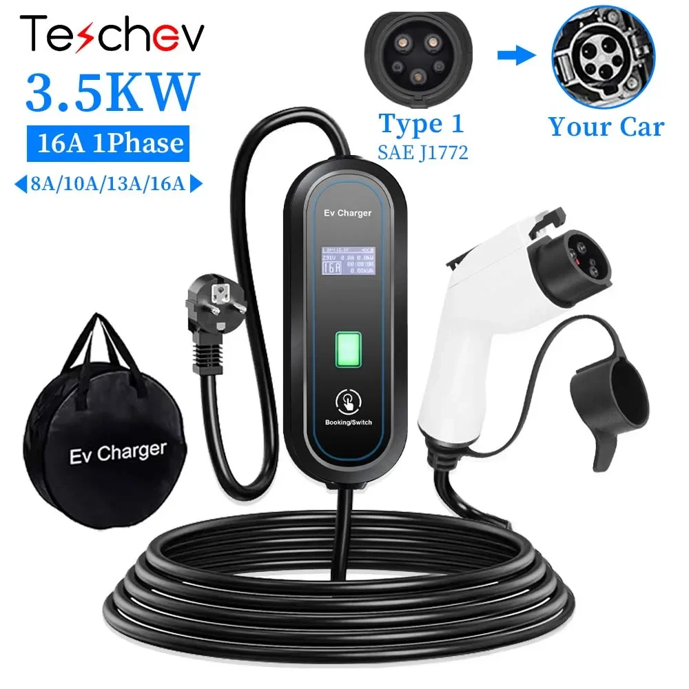 Chargeur VE Portable Teschev Type 1 – 16A Monophasé 3.5kW J1772 EVSE Charge Rapide