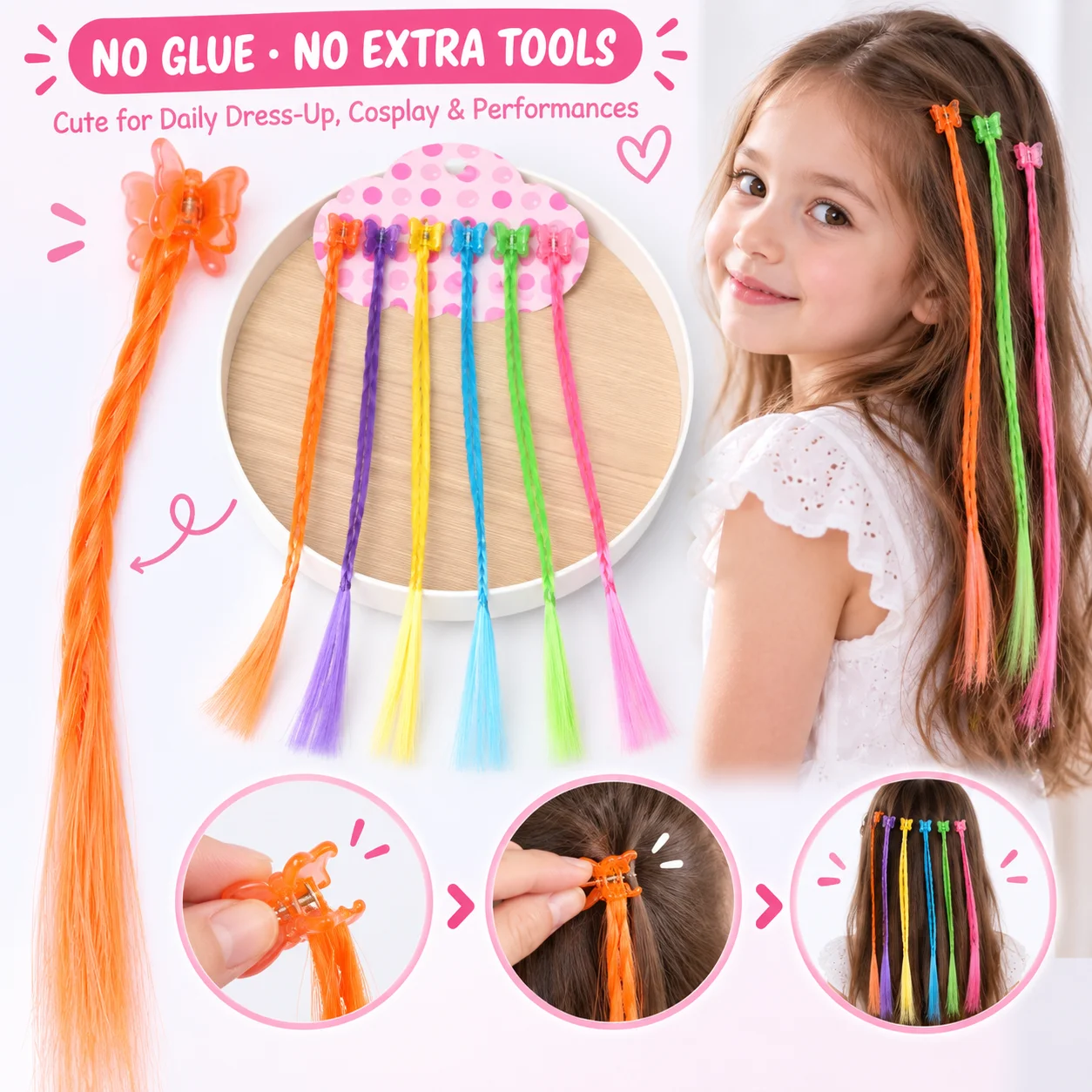 Ensemble de 6 extensions de cheveux colorés avec pinces pour filles - Tresses arc-en-ciel