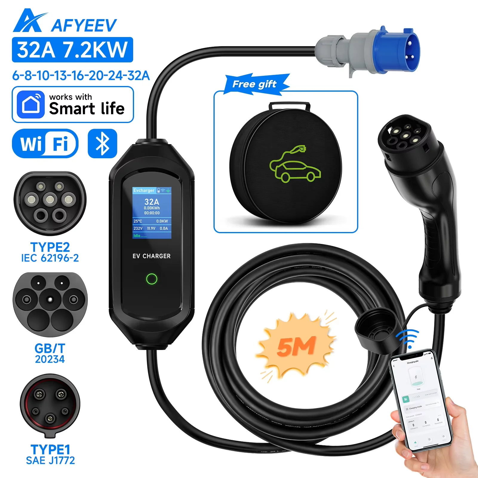 Chargeur VE portable AFYEEV 32A 7.2KW Type2/Type1 GB/T avec WiFi et Bluetooth