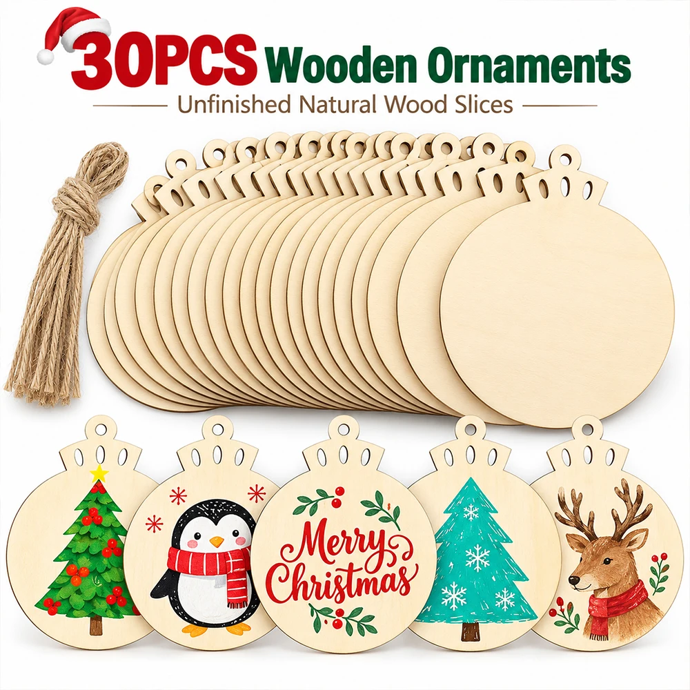 Ensemble de 30 ornements de Noël en bois naturel non fini avec trou