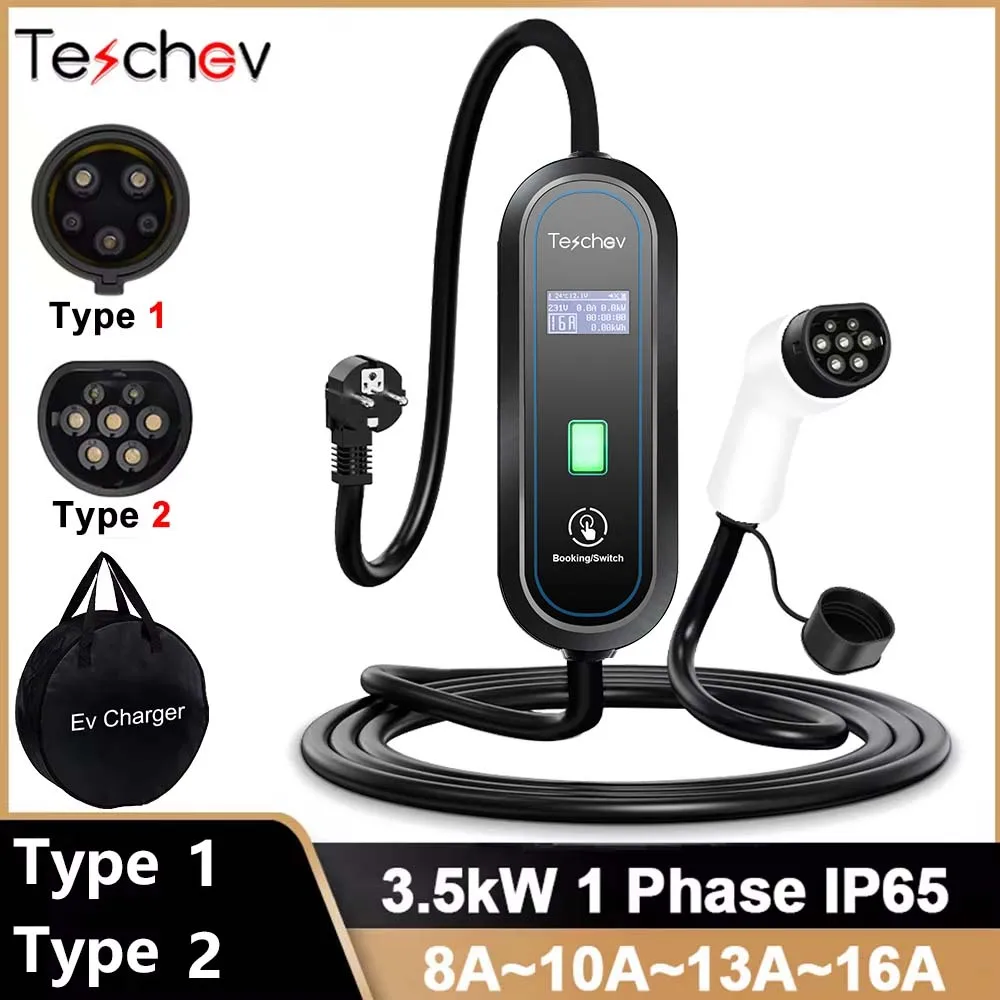 Chargeur VE Teschev 220V-230V Type 1 J1772 - 3,5 kW portable avec câble Type 2 et station EVSE 16A