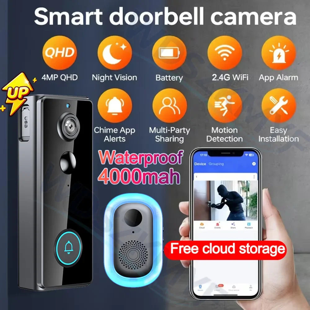 Sonnette vidéo sans fil WiFi 4000 mAh - 1080P HD, détection PIR, vision nocturne et stockage infonuagique gratuit