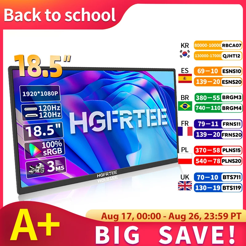 Écran portable HGFRTEE 18,5 po, 120Hz, RGB 100%, IPS avec support VESA