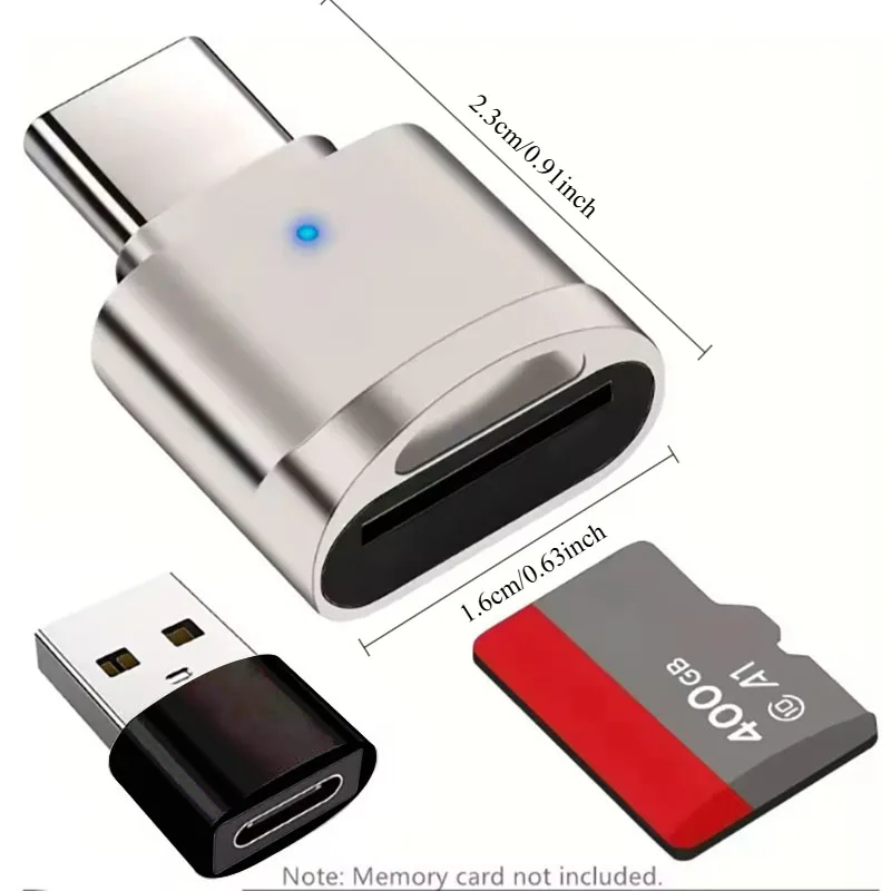 Adaptateur lecteur de carte TF USB Type-C avec OTG, convertisseur USB-A optionnel et indicateur LED pour téléphone et ordinateur portable