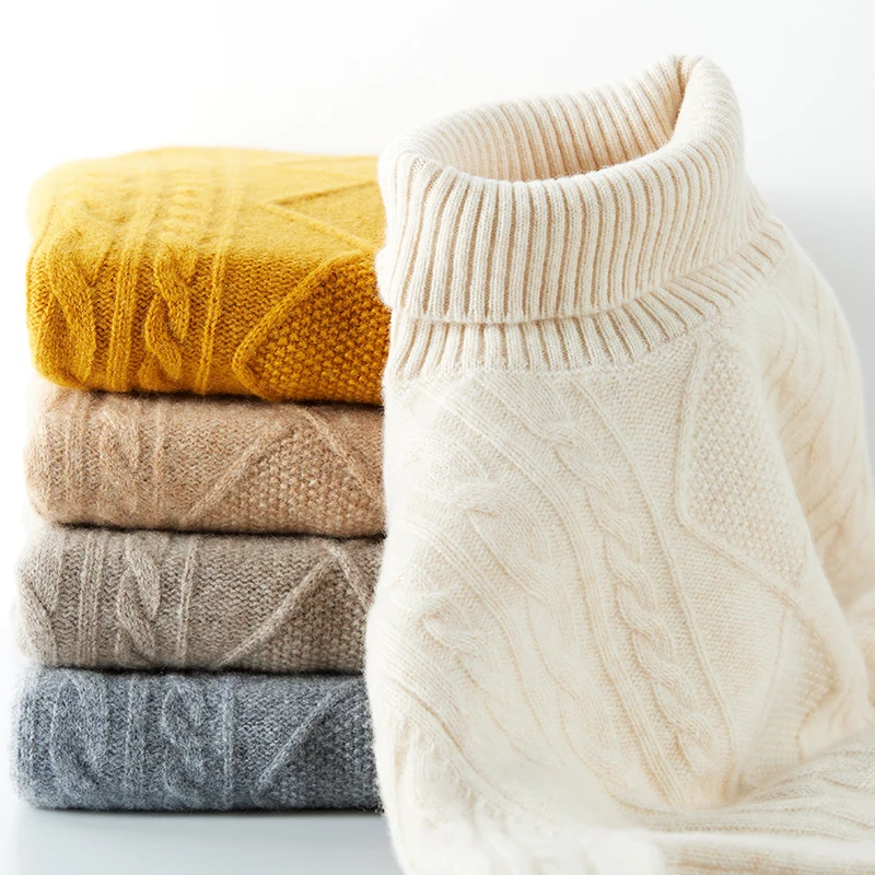 Chandail en cachemire pour femme, pull-over tricot 100 % laine mérinos col roulé manches longues, jumper d'automne-hiver 2022