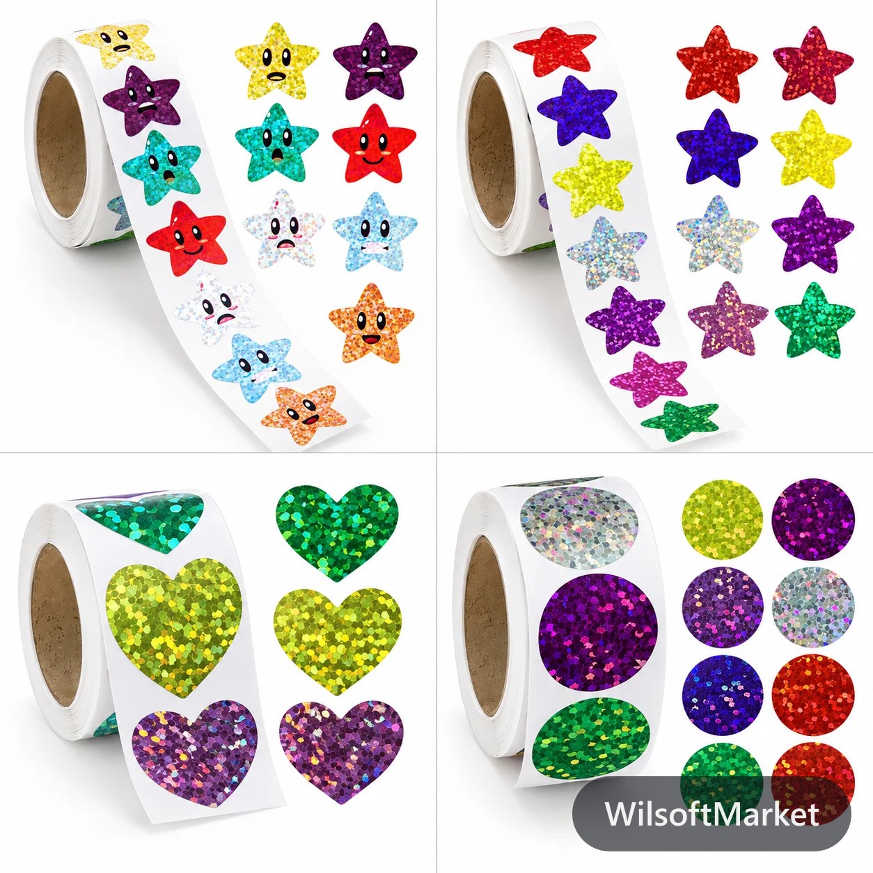 500 pcs d'autocollants étoile holographique colorés - Rouleau d'étiquettes Zoo Ferme pour enfants, bricolage, cadeaux et jouets