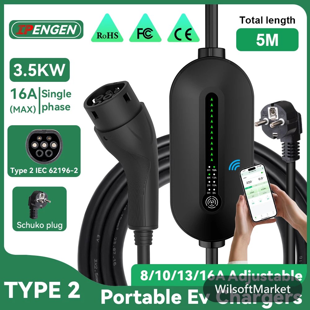 Chargeur EV Portable IPENGEN Type2 3.5KW 16A pour Voiture Électrique EVSE Câble de Charge Wallbox WiFi Contrôle APP Câble 5M