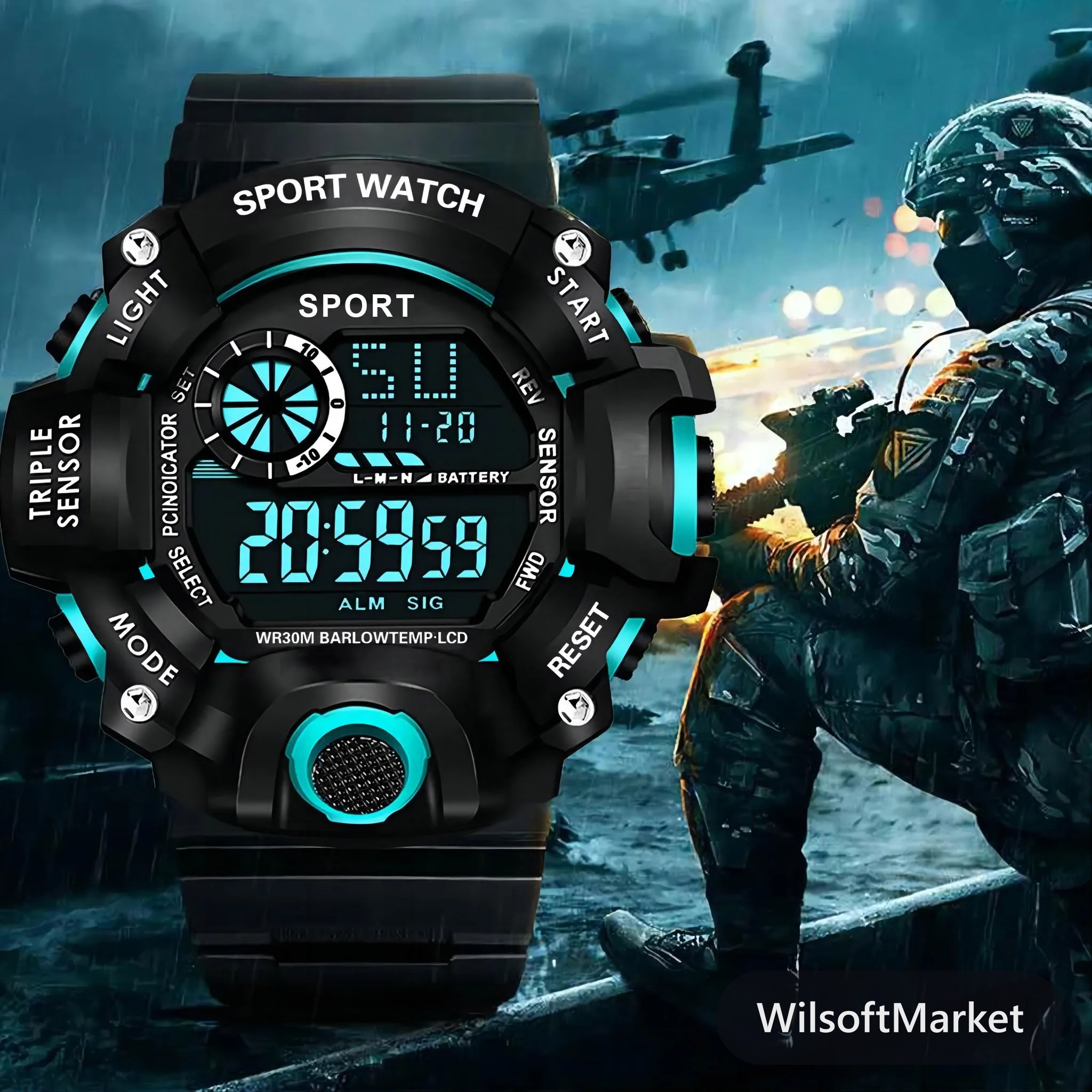 Montre de sport électronique pour homme avec grand cadran multifonctionnel, étanche et luminescente, avec alarme — Montre militaire pour enfants et adolescents
