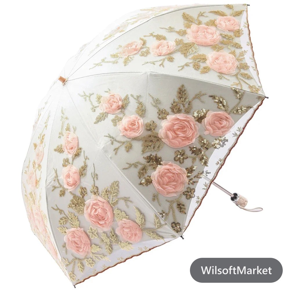 Parapluie fleuri à lacets pour femme, parasol d'été pliant, parapluie anti-UV de jardin portable, accessoire élégant pour la plage