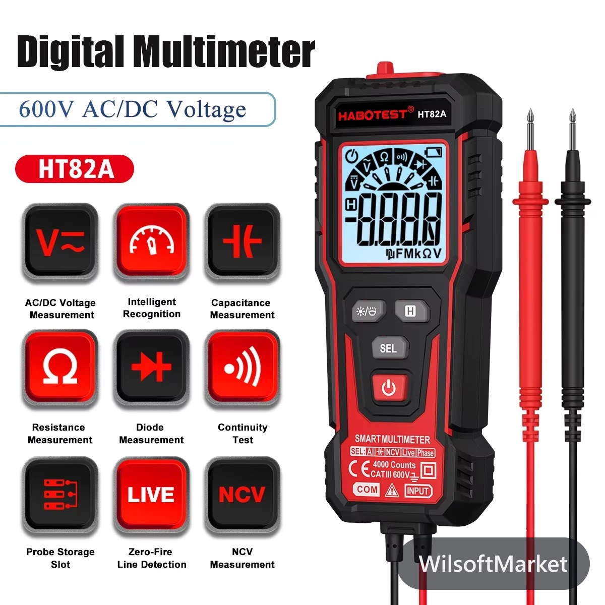 Multimètre numérique intelligent 4000 comptes 600 V CA/CC Testeur de tension, résistance et continuité avec détection sans contact et rétroéclairage