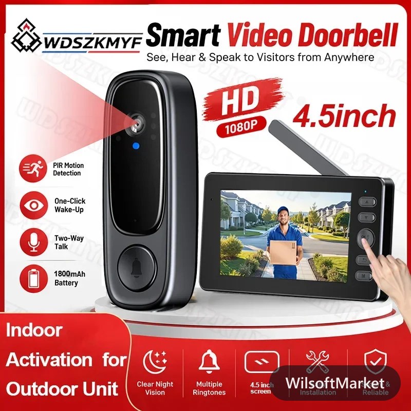 Sonnette Vidéo WiFi Écran 4,5" Résolution 1080P pour Entrée Intercom Bidirectionnel Batterie 1800mAh Bluetooth Vision Nocturne Moniteur Extérieur