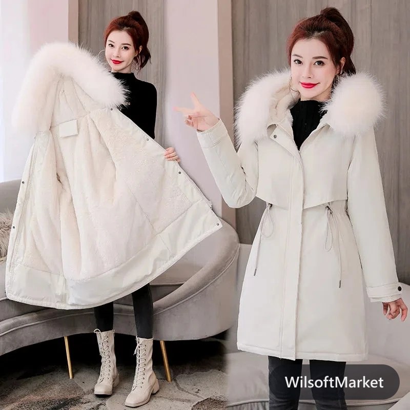 Parka d'hiver pour femmes 2022 Nouveau col en fourrure Long manteau doublure laine Veste à capuche Épaisse Chaude Vêtement de neige Parka matelassée Vêtements XS-6XL