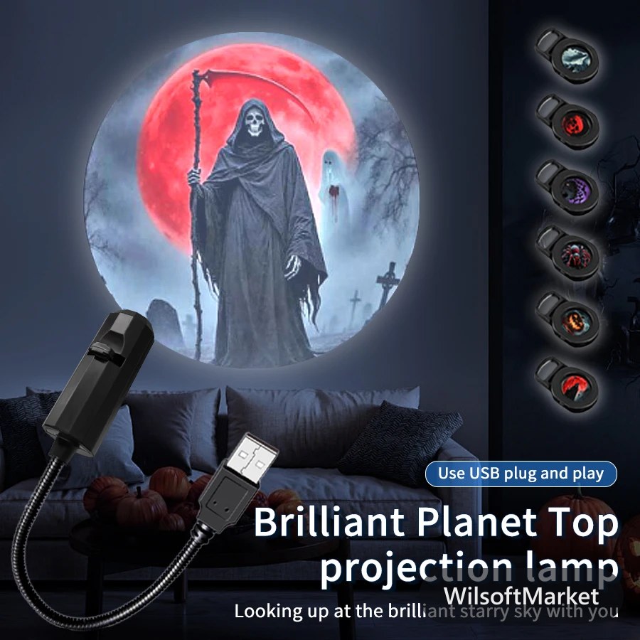 Lampe de Projection USB Mini Thème Halloween/Noël/Planète Lumière d'Ambiance Design à Motifs Interchangeables Décoration de Fête Cadeau