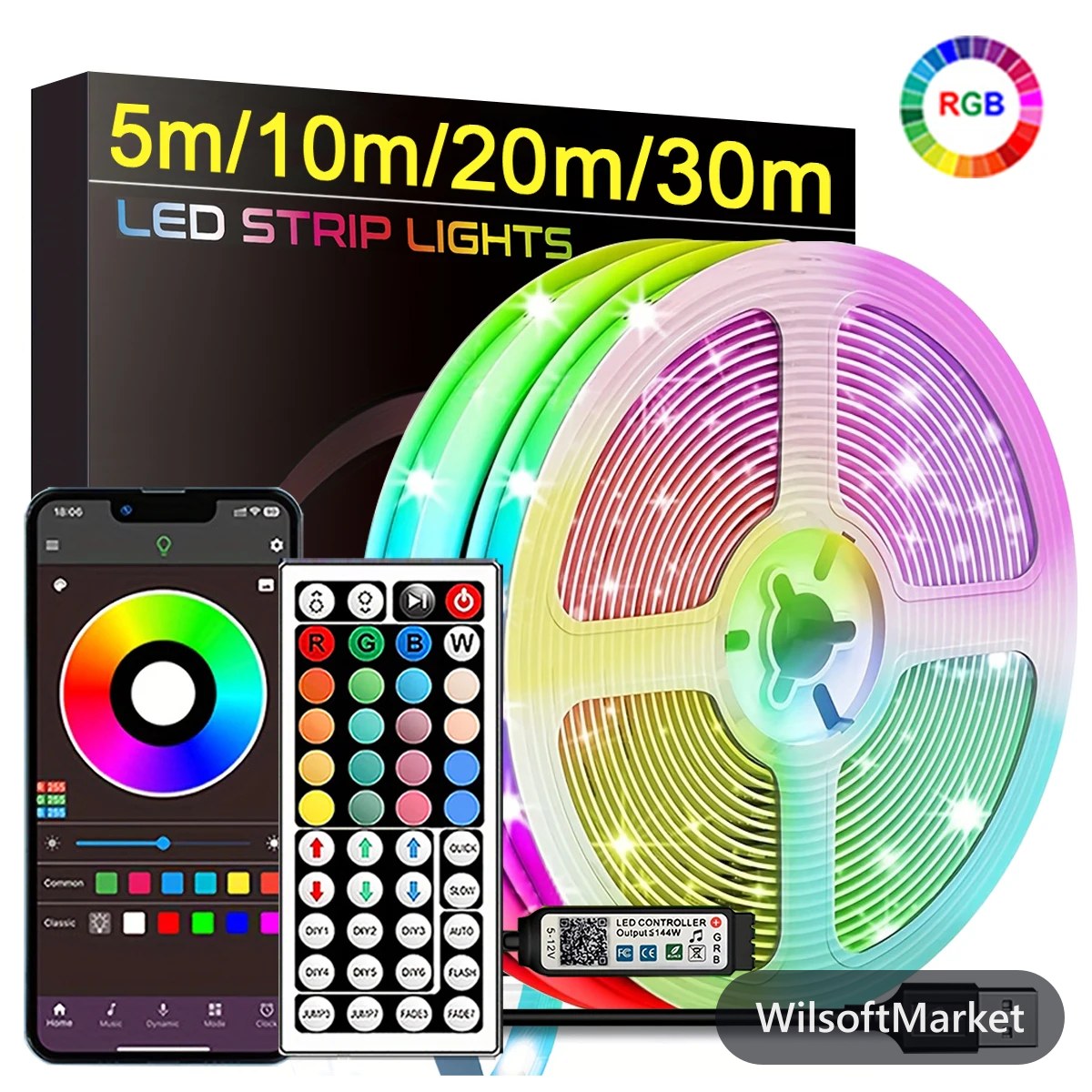 Ruban lumineux LED RGB 5m 10m 20m 30m Éclairage connecté pour chambre avec contrôle par application Ruban LED flexible pour décoration intérieure