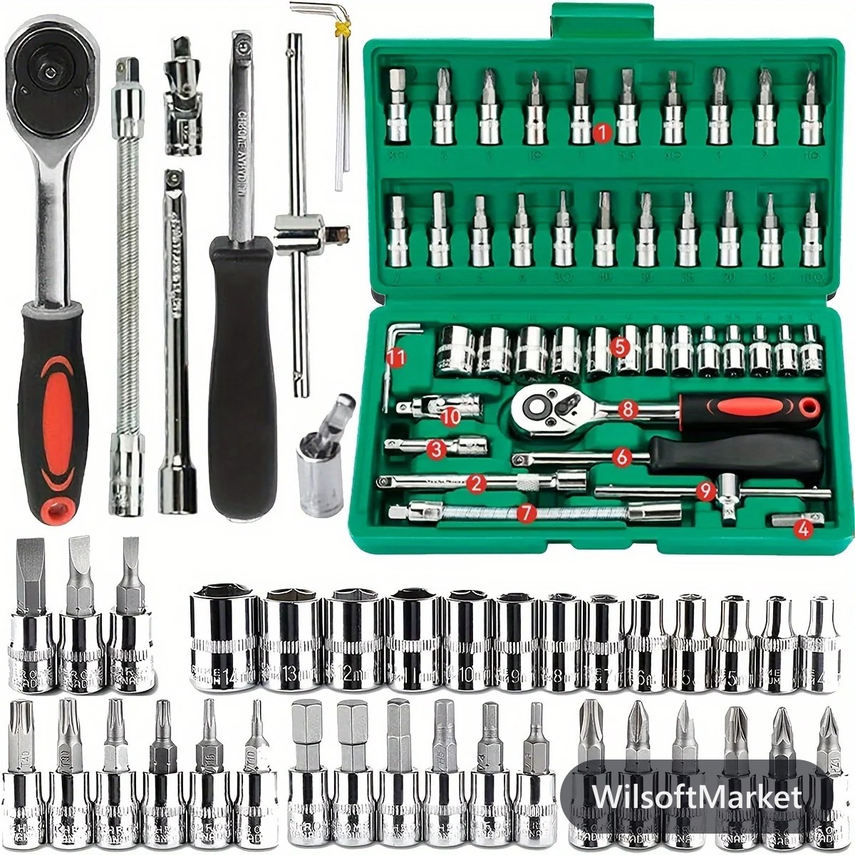 Ensemble d'outils mécaniques 46 pièces 1/4 po pour réparation automobile et travaux ménagers – Clés à rochet, douilles métriques et ensemble de bits hexagonaux en pouces