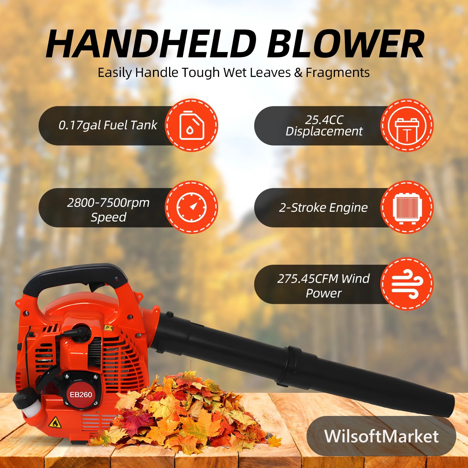 Souffleur à feuilles à essence 750W 7000tr/min moteur 2 temps 25,4cc débit d'air 275,45CFM réservoir 0,65L — Souffleur de neige