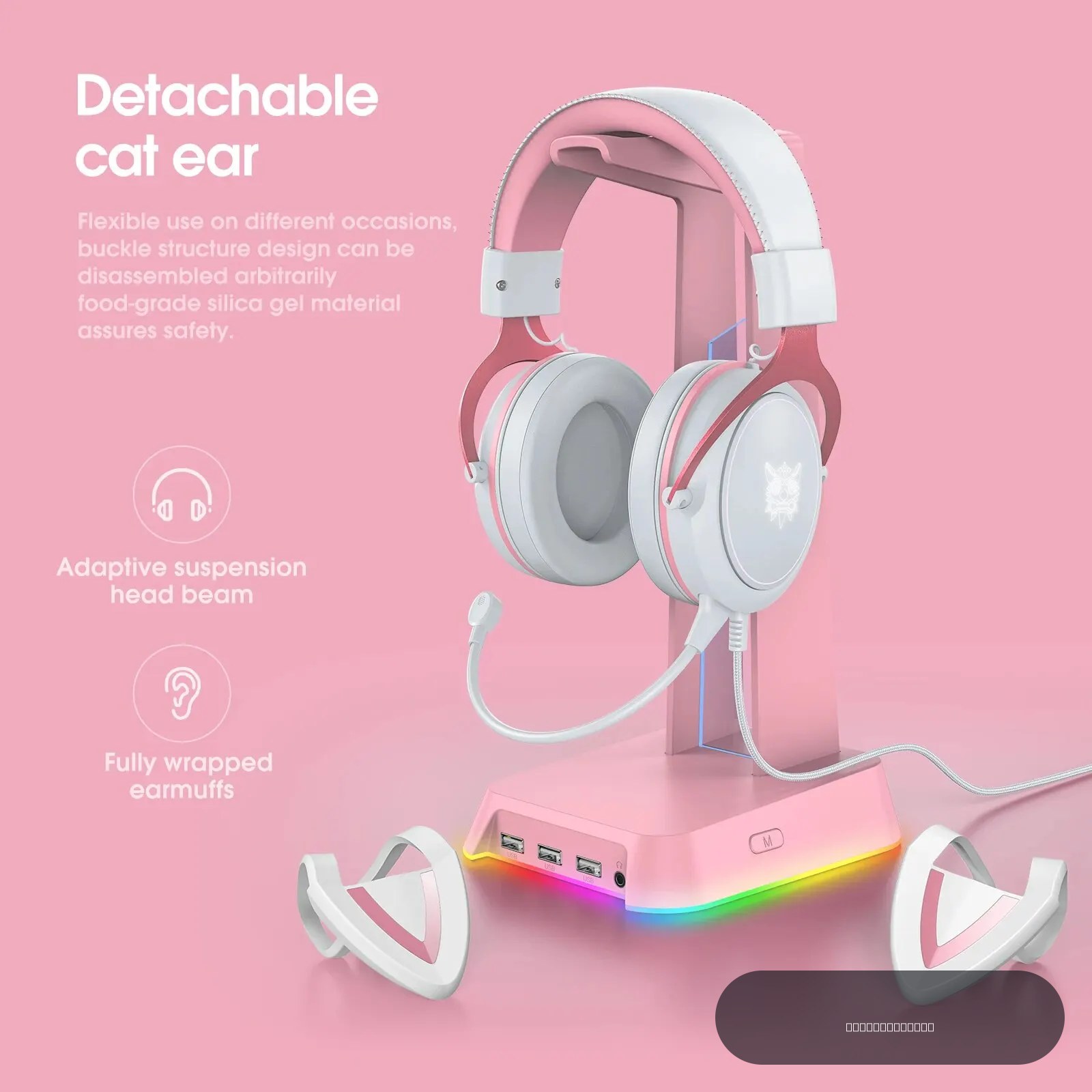 ONIKUMA Casque de jeu X10 avec oreilles de chat amovibles, éclairage RGB, micro HD pour PC Gaming
