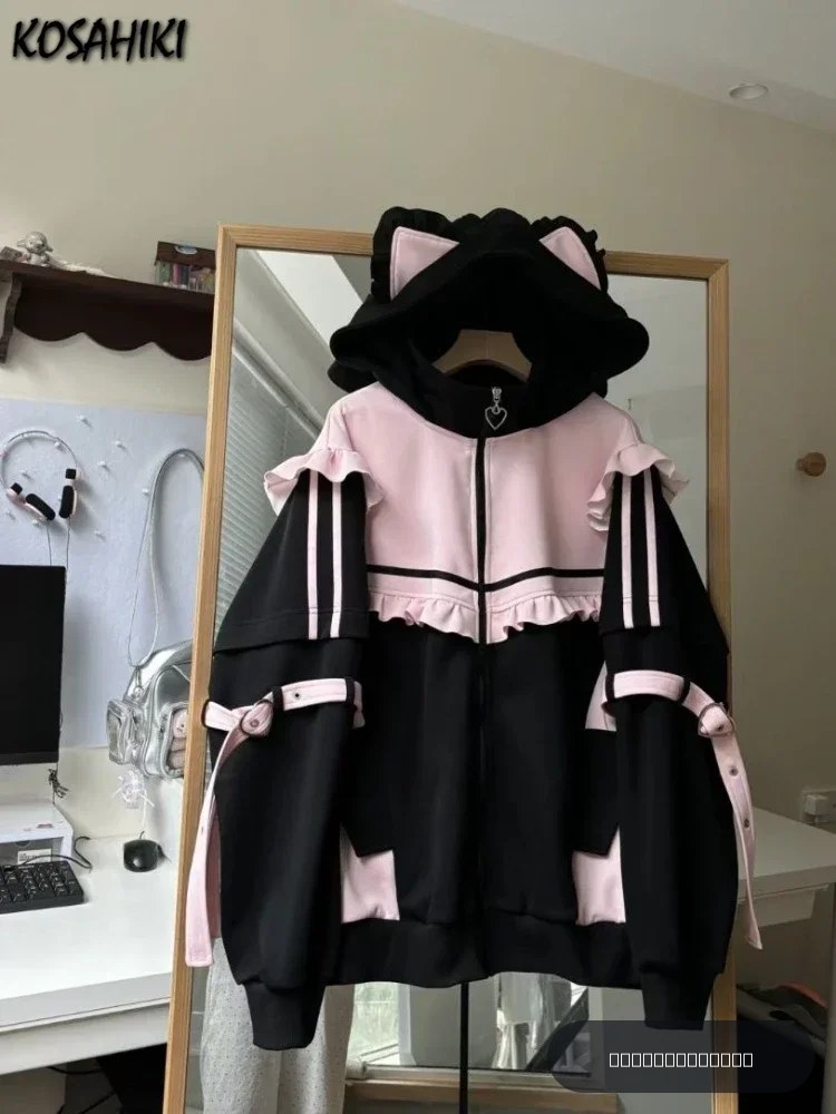Sweat-shirt à capuche pour femmes, manteau japonais Kawaii, couleur contrastée, Patchwork à volants, ample, Harajuku, fermeture éclair, esthétique Y2k, décontracté