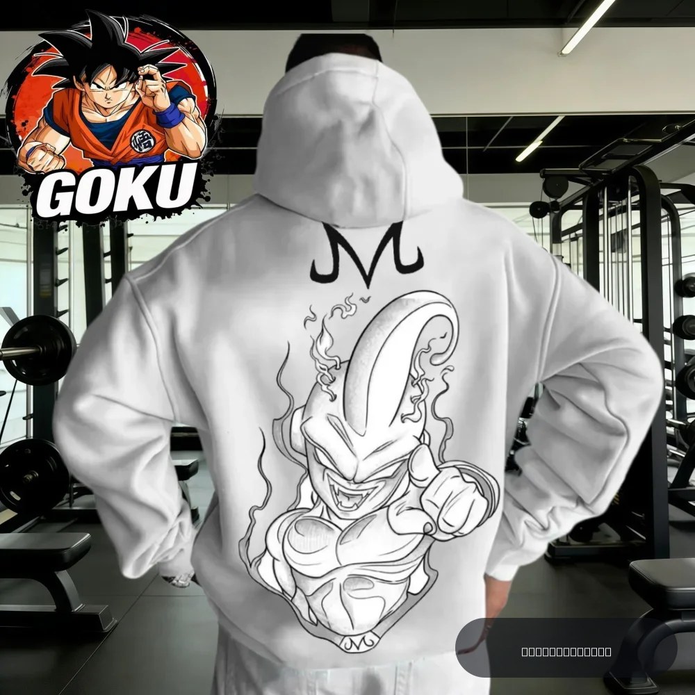 Sweat à capuche de sport Dragon Ball Automne Hiver 2026, 100% coton, imprimé monochrome Majin Buu, coupe oversize, streetwear de fitness pour hommes et femmes