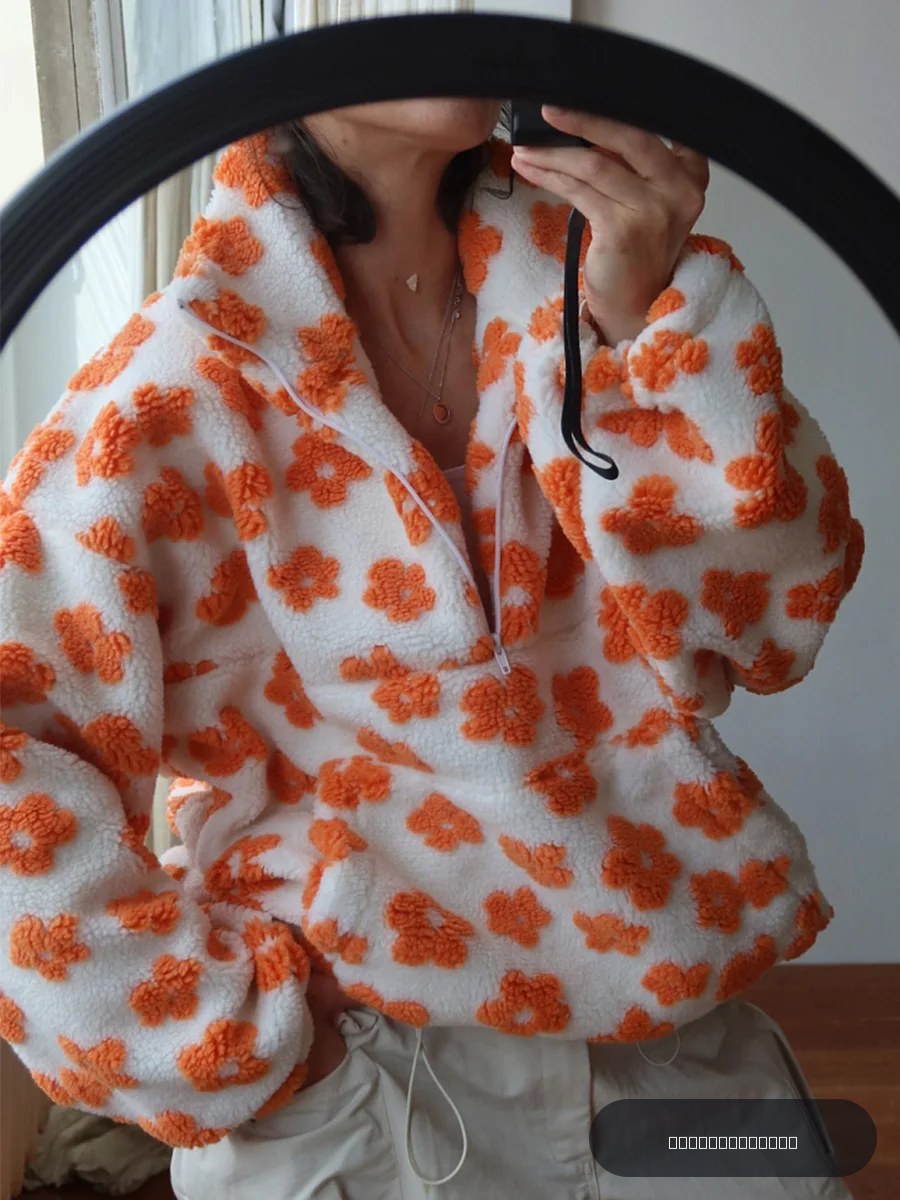 Bornladies nouveau automne hiver femmes Sherpa pull à capuche à fleurs demi-fermeture éclair Style coupe ample chaud élégant sweat