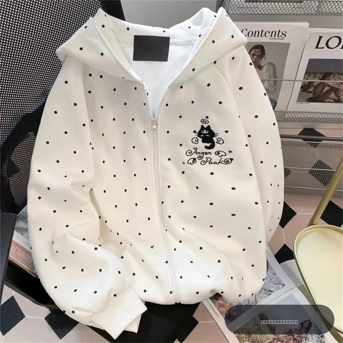 Nouveau Sweat à Capuche Brodé Chat à Pois Mignon Automne Hiver, Cardigan Zippé Ample et Doux, Style Harajuku Décontracté 2026