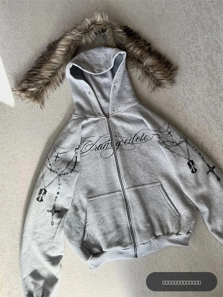 Nouvelle Veste à Capuche en Fausse Fourrure Gothique Punk pour Femme, Style Streetwear Hiver, avec Imprimé Croix, Sweat-shirt Zippé Tendance et Audacieux 2026