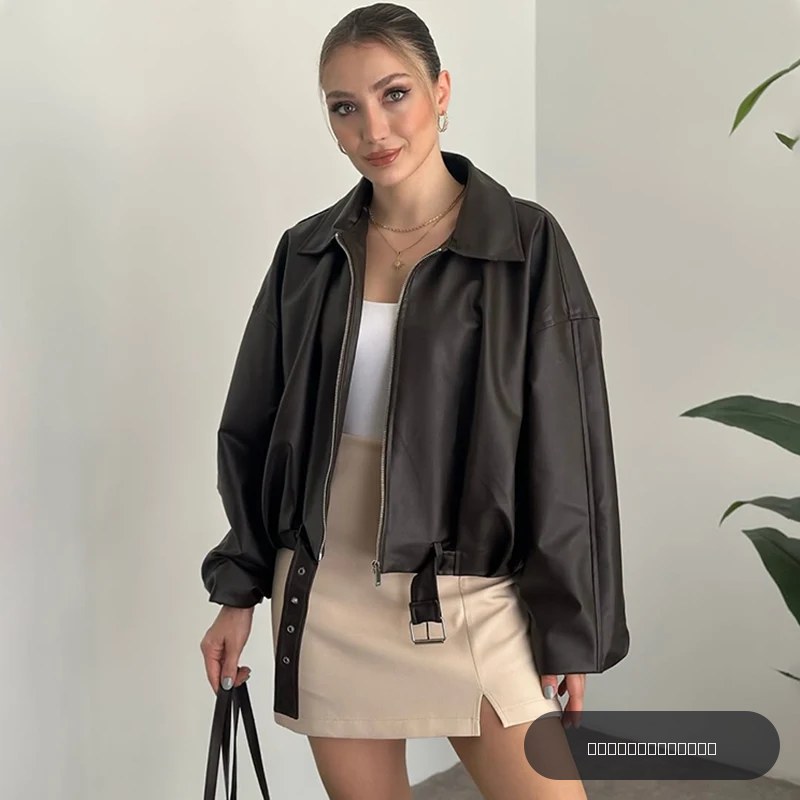 Veste en cuir tendance pour femme, blouson bomber vintage en similicuir, fermeture éclair unie, col à revers, manches longues, manteau rétro automne style urbain