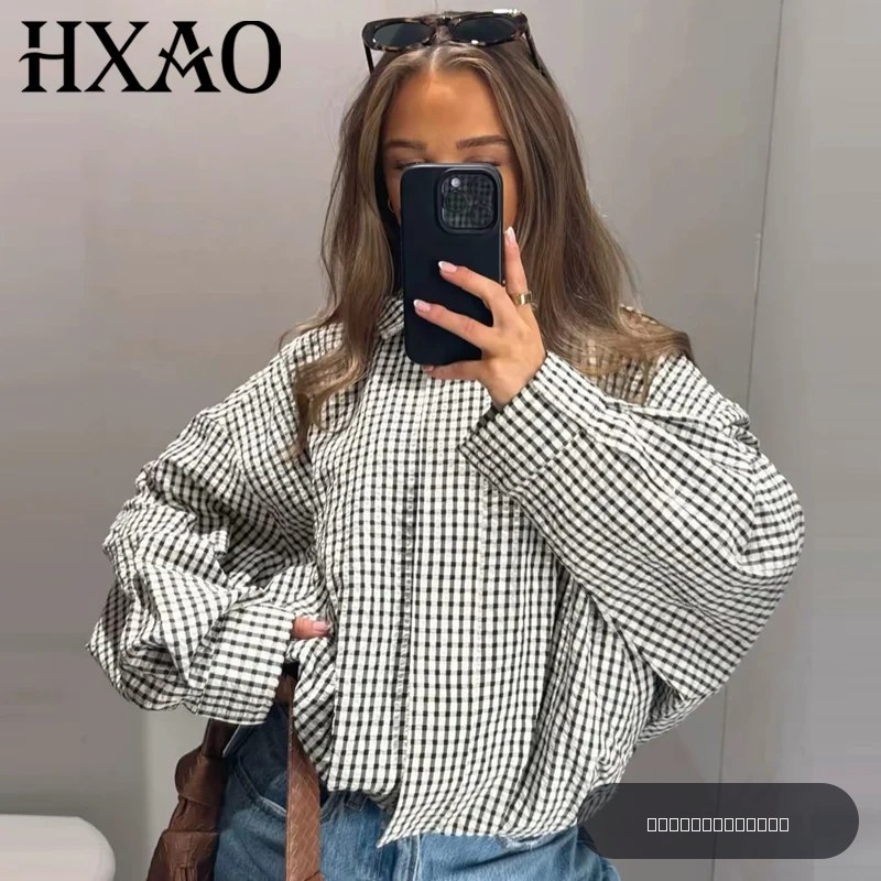 Veste bomber à carreaux HXAO pour femmes, veste printemps automne 2026, coupe courte, manches longues, vêtement décontracté à fermeture éclair, veste d'extérieur.