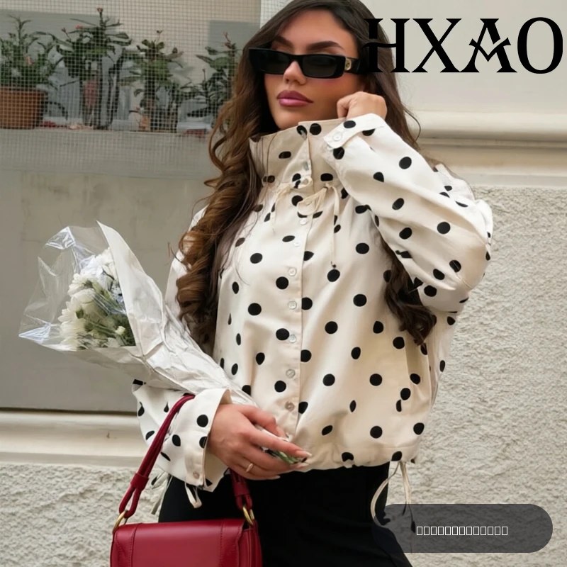 HXAO 2026 Blouson Bomber Femme à Pois, Veste Mi-Saison Printemps-Été Ample Boutonnée Courte avec Nœud, Vêtement d'extérieur
