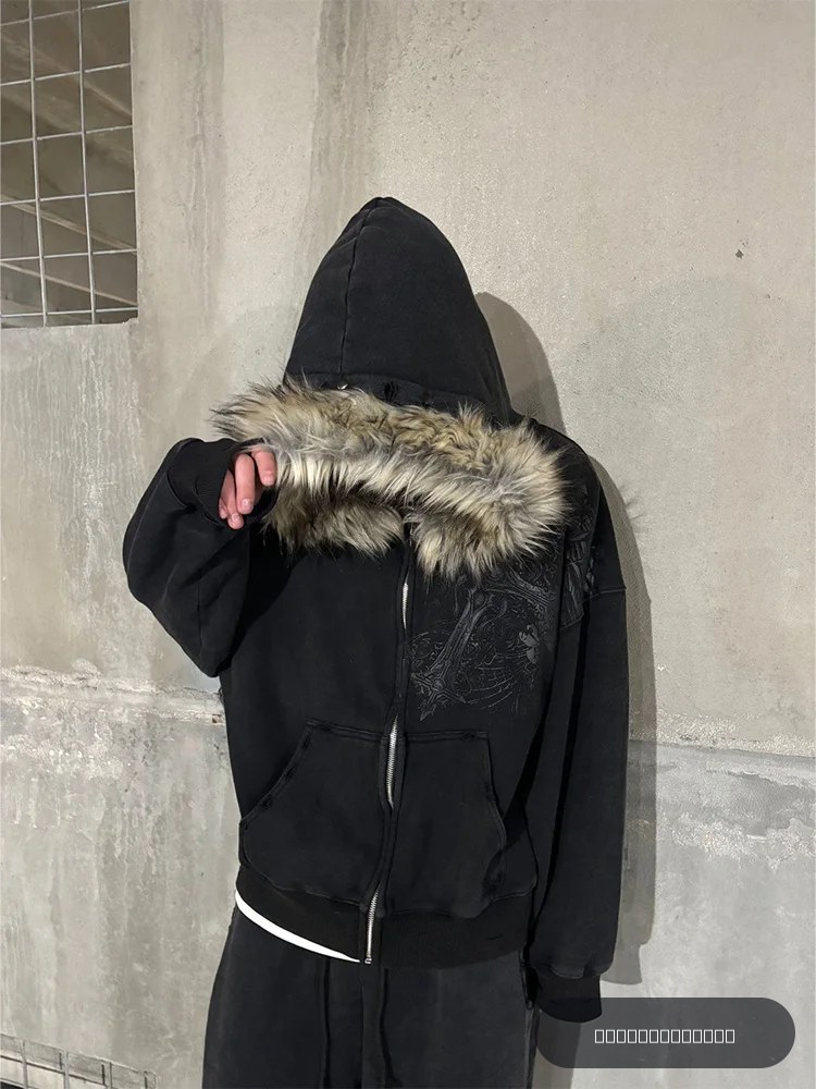 Hoodies à capuche zippés pour femmes, style esthétique Y2K, Harajuku, avec col en fausse fourrure, motifs graphiques, Hip Hop, Punk, Gothique, Nouveauté Automne Hiver 2026