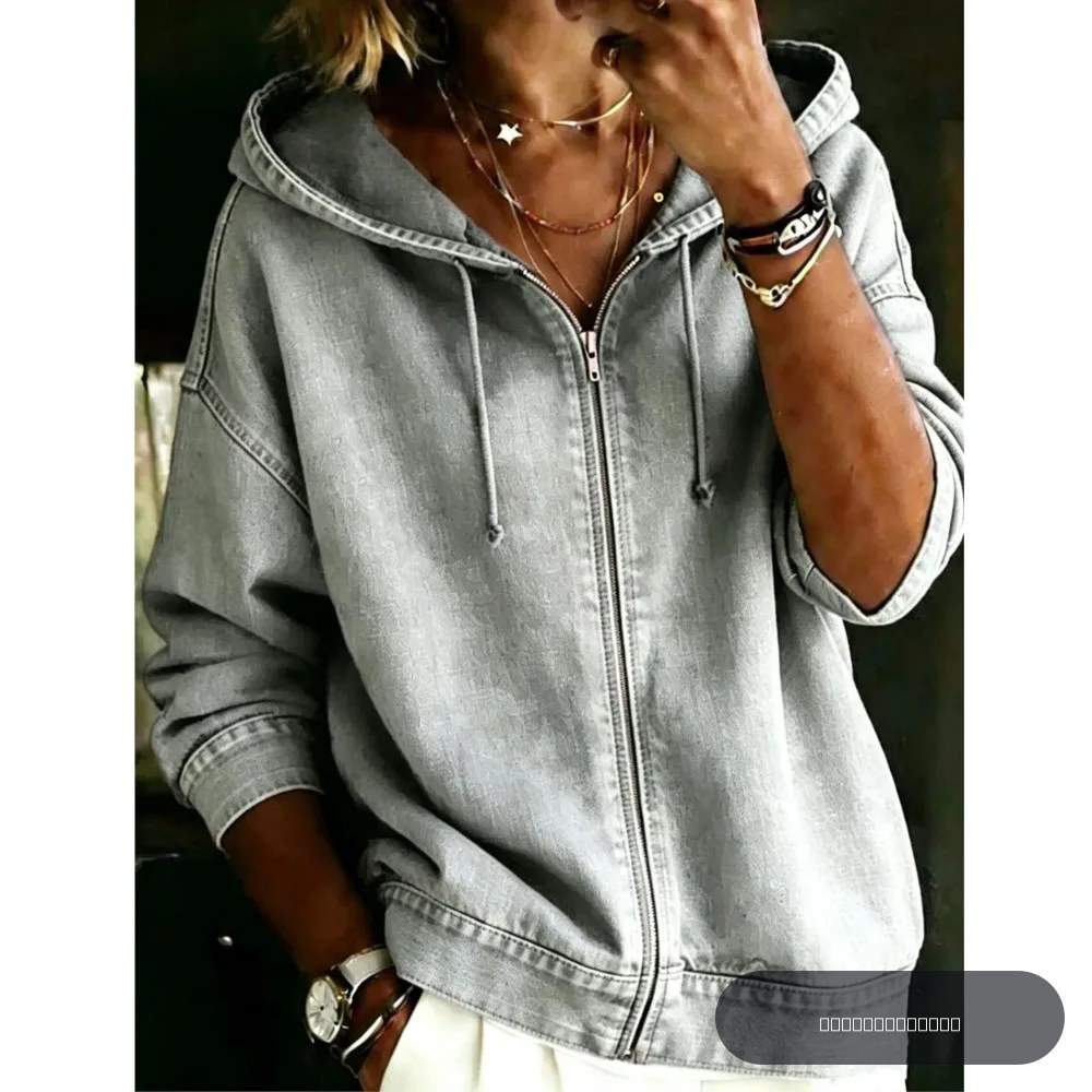Veste en jean à capuche pour femme, fermeture éclair intégrale, capuche à cordon de serrage, coupe ample vintage, épaules tombantes, manches longues, style décontracté, vêtement d'extérieur streetwear.
