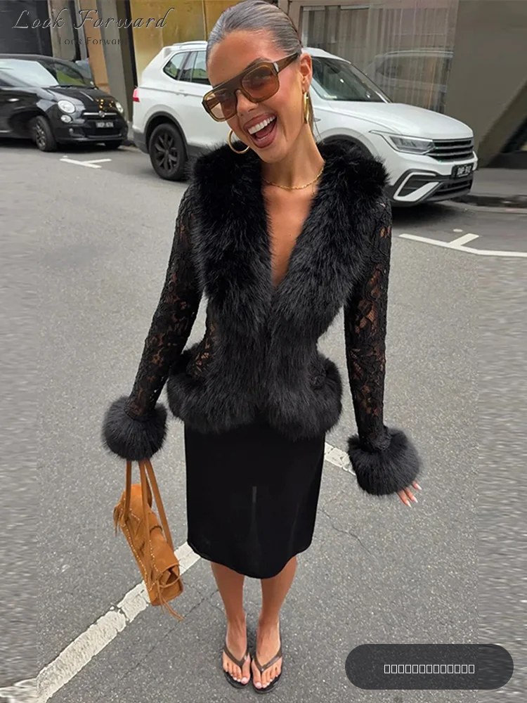 Manteaux en fausse fourrure sexy pour femmes, avec empiècements en dentelle et maille, col en V, boutons à boucle, manches longues, vestes, nouvelle collection automne 2026, vêtements d'extérieur unis pour femmes.