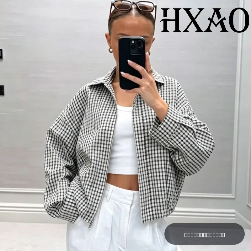 Blouson Bomber HXAO à Carreaux pour Femme – Veste Courte Chic à Manches Longues Mi-Saison – Blouson Varsity Oversize à Carreaux pour Femme – Vêtements d'extérieur