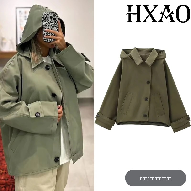 HXAO vert chaud hiver vestes à capuche femmes 2024 automne extérieur surdimensionné Bomber veste manteaux Demi-saison coupe-vent vêtements d'extérieur
