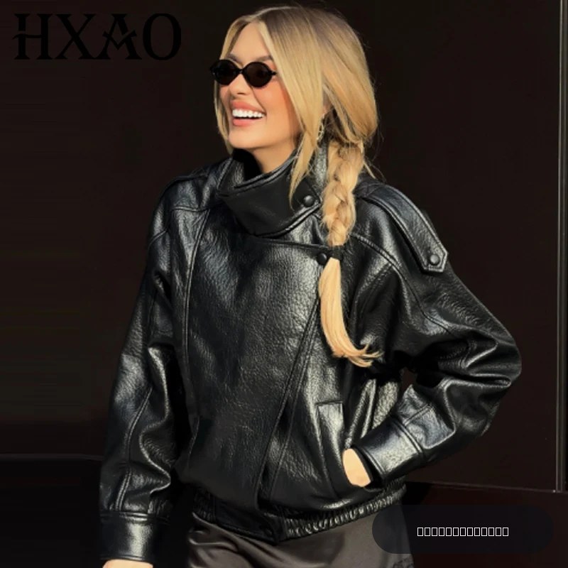 HXAO Nouveauté – Veste Bomber en Cuir Noir pour Femmes, Coupe Cropped et Surdimensionnée, Manches Longues avec Fermeture Éclair