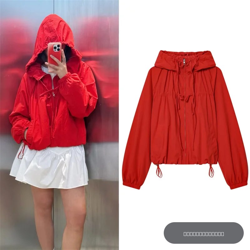 Veste Femme 2026 Nouvelle Collection Automne Rouge Manches Longues Cordon Décoratif Festif Capuche Zippée Cardigan Décontracté Tendance Polyvalent