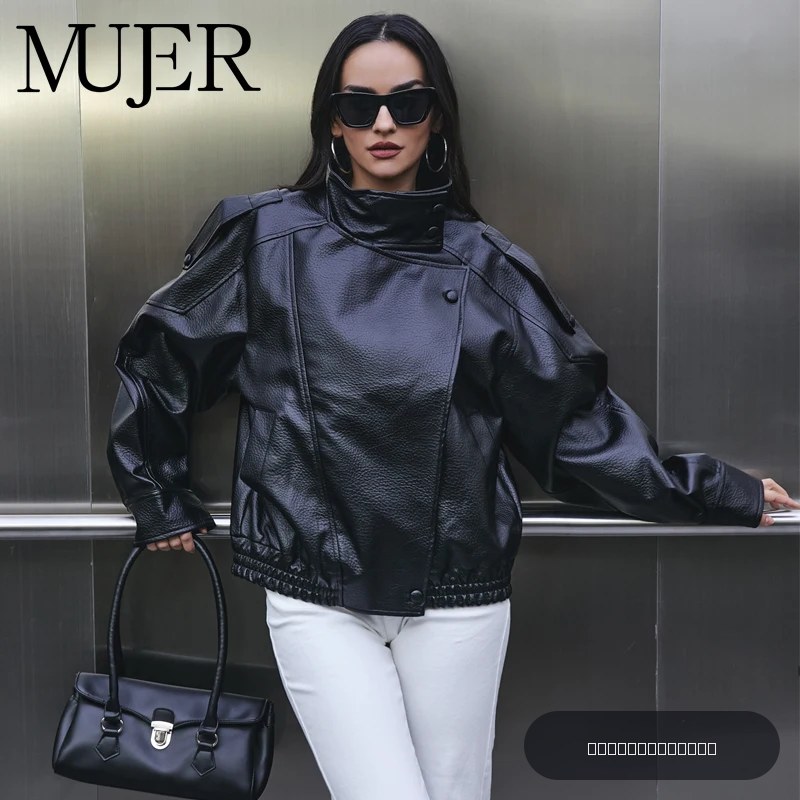 MUJER Veste bomber surdimensionnée pour femme en faux cuir noir - Manteau d'hiver pour femme - Vêtement d'extérieur stylé