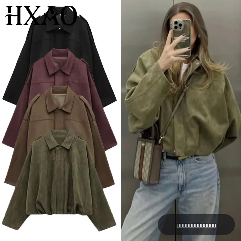 HXAO femmes Bomber veste revers fermeture éclair manches longues veste en daim femmes 2025 haute rue recadrée vestes de course manteaux vêtements d'extérieur