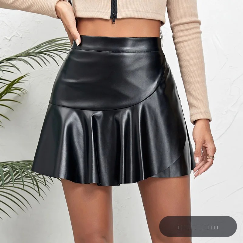 Femmes Faux cuir jupes élastique taille haute volants épissé plissé jupe courte femme Sexy discothèque en cuir PU Mini jupe