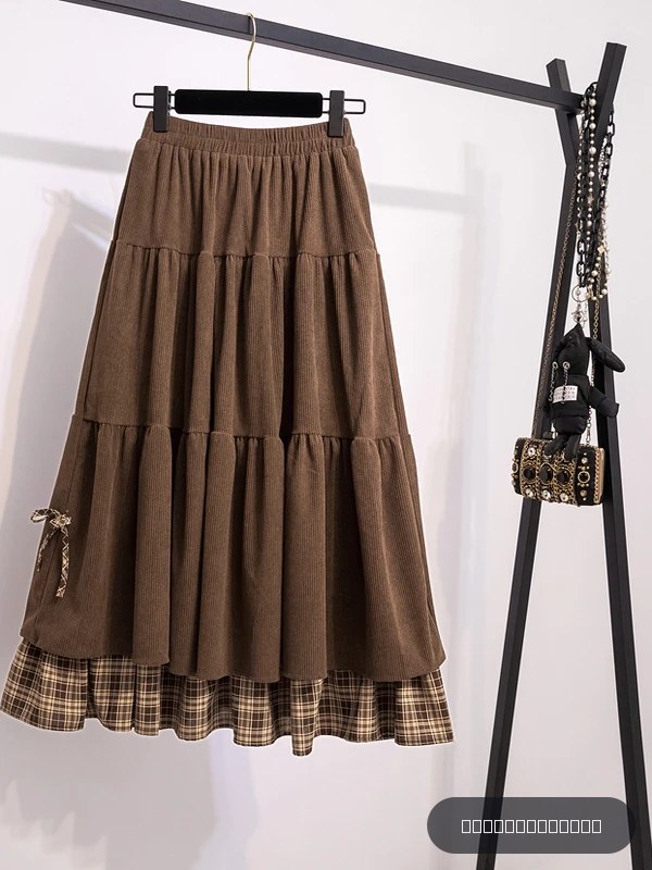 Jupe mi-longue trapèze à carreaux en velours côtelé taille haute pour femme, style américain, en tissu PVC, pour automne-hiver, grandes tailles, style urbain