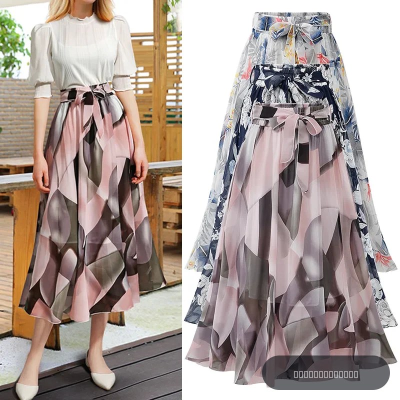 2027 Nouvelle jupe mi-longue en mousseline pour femme, collection été, jupes florales mi-longues taille haute, jupes trapèze en fil