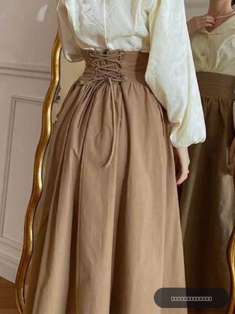 Jupe vintage marron foncé pour femme, jupes longues élégantes, poche Harajuku, mode coréenne féminine, créateur Y2k, jupes décontractées, hiver, 2023